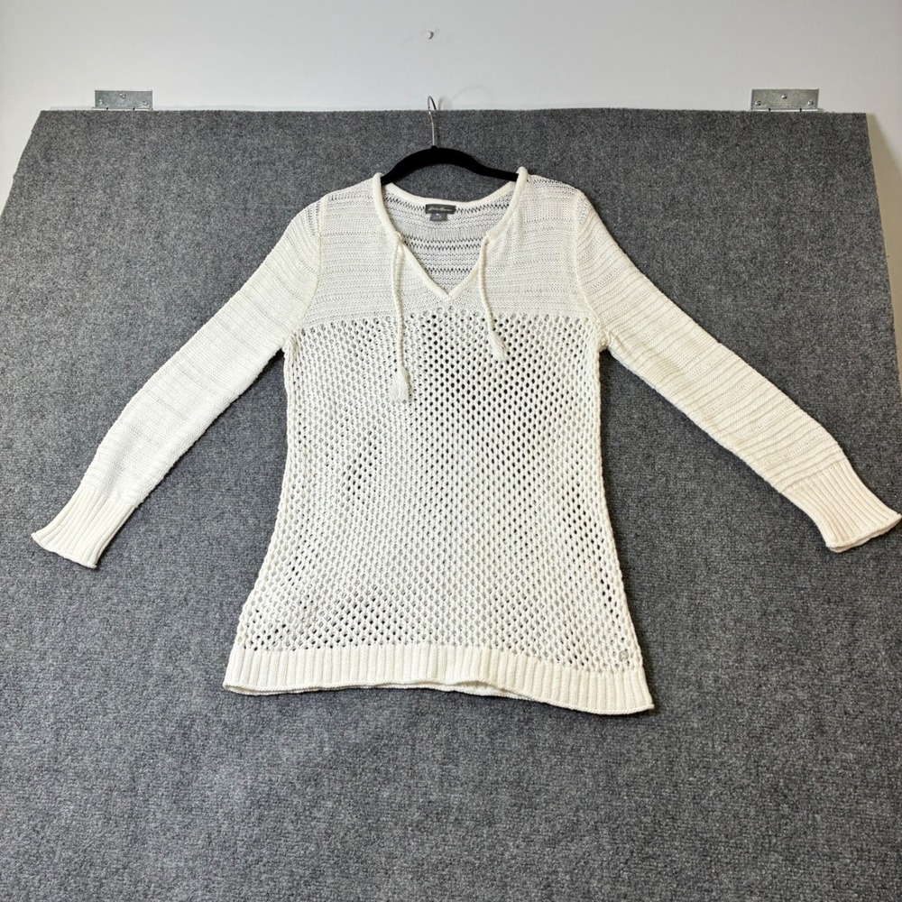 Eddie‎ Bauer Knit Tunic Top Crochet V Neck Long Sleeve Cotton Sweater Small